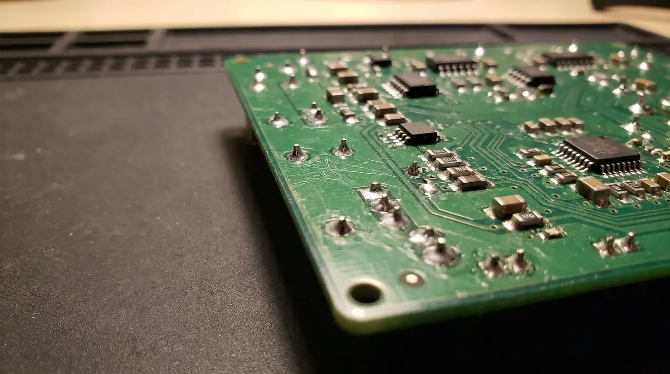 Close-up of a green circuit board with microchips and soldered connections in soft lighting