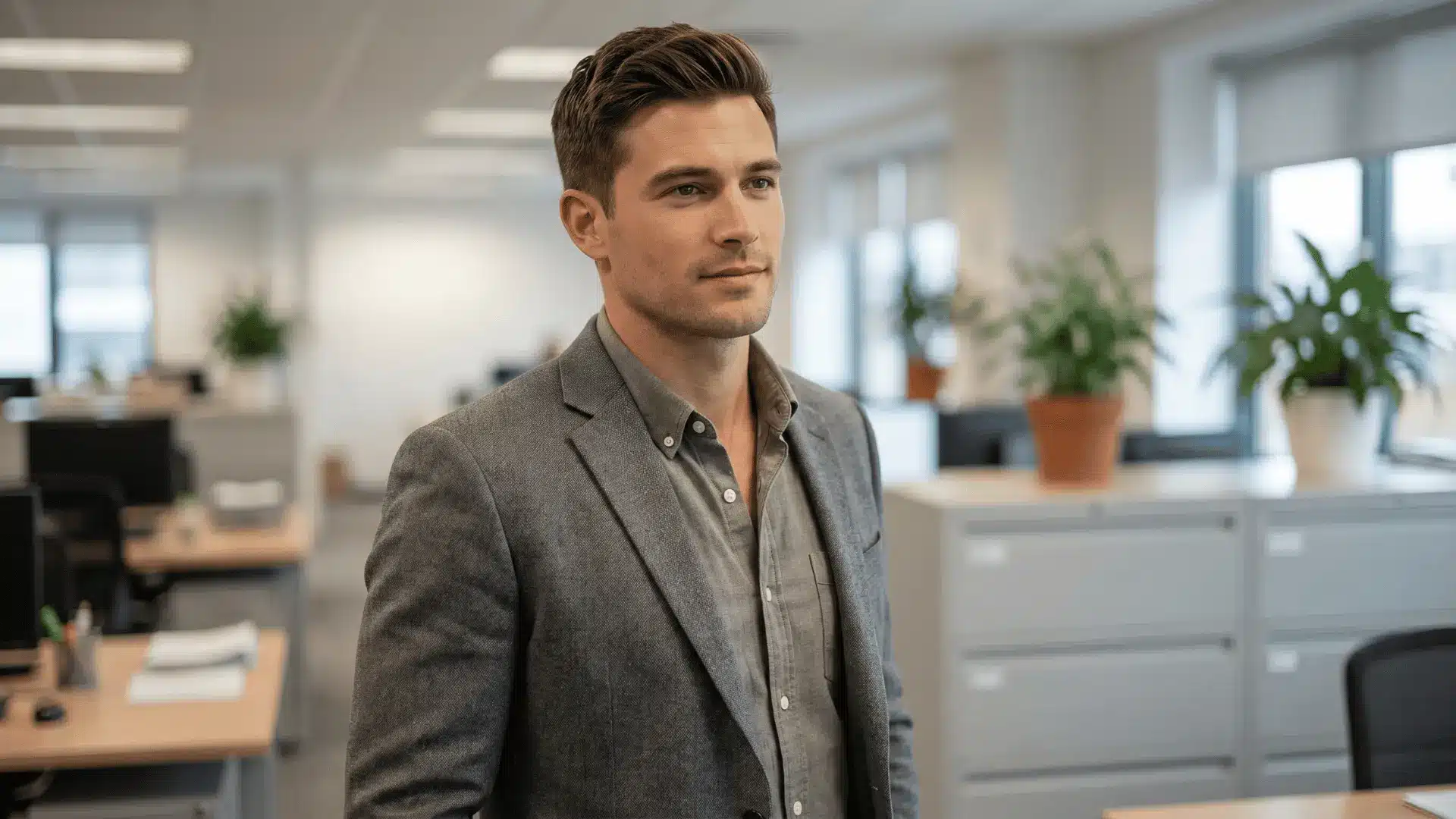 Man with classic taper haircut, hair longer on top and tapering down sides and back