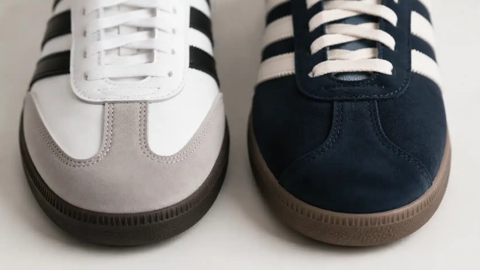 Close-up comparison of Adidas Samba T-toe and Gazelle rounded toe design