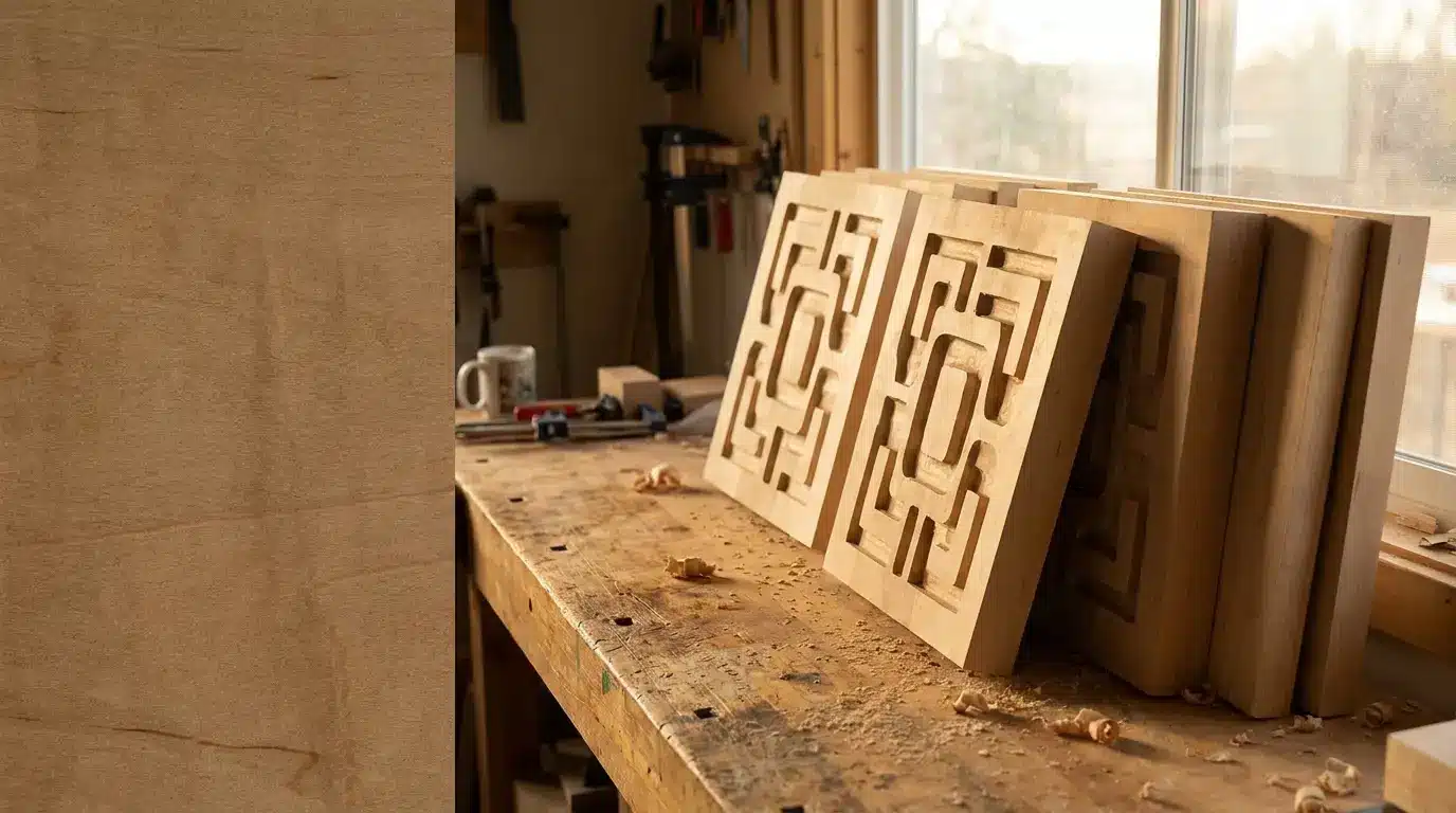 Wooden carved panels resting on a workbench in a sunlit workshop with scattered wood shavings