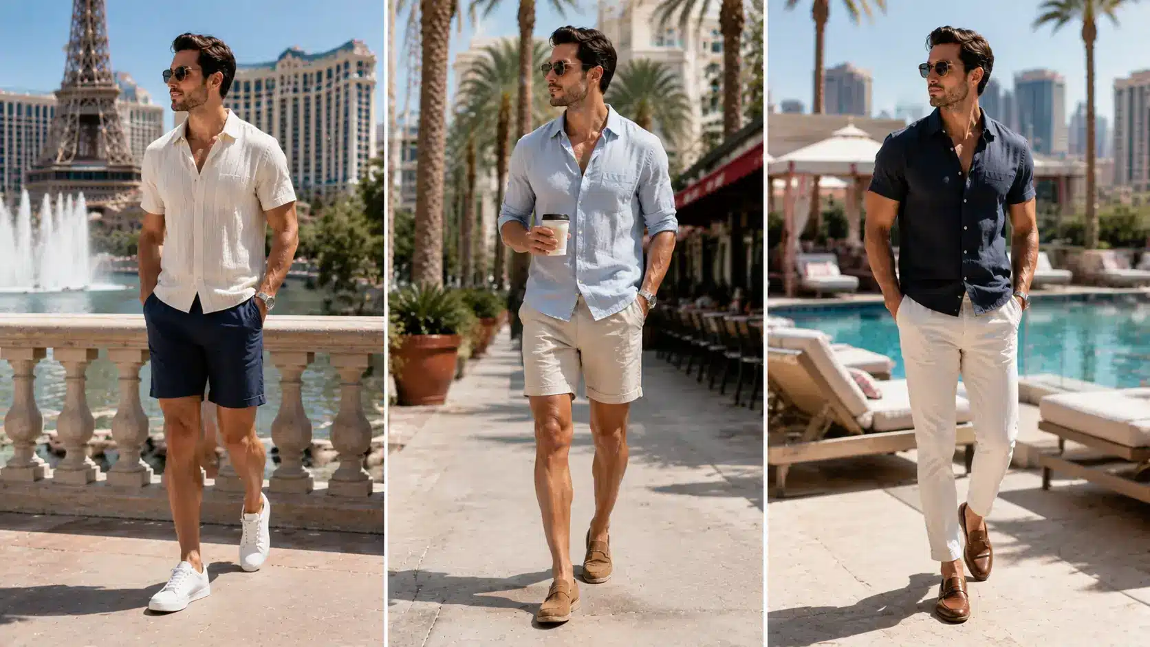 Collage of three stylish men's daytime outfits in sunny Las Vegas, featuring polo shirts, linen shirts, shorts, and lightweight trousers