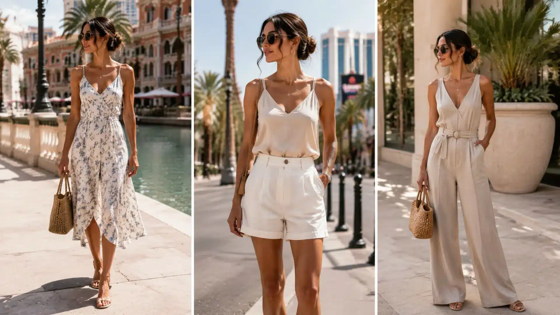 Collage of three stylish women's daytime outfits in sunny Las Vegas settings, featuring sundresses, shorts, and a jumpsuit