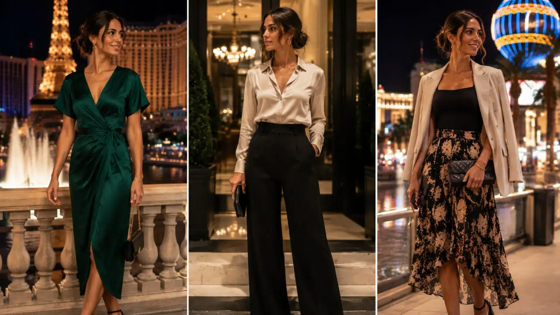 Collage of three women in stylish evening outfits in Las Vegas, featuring midi dresses, wide-leg trousers, and a skirt with blazer