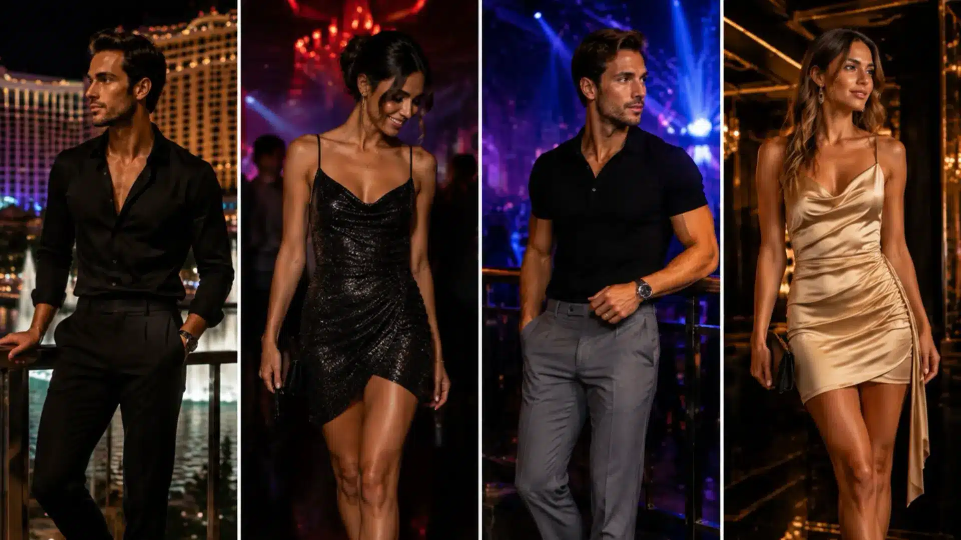 Collage of two men and two women in stylish nightclub and party outfits in Las Vegas, featuring sleek dresses, dress shirts, blazers