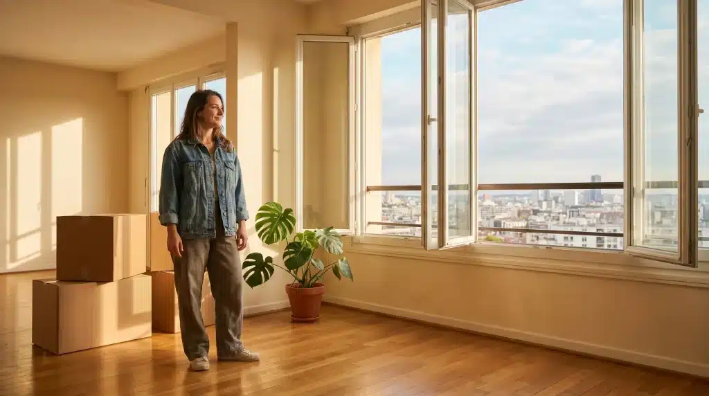 Person standing in bright room with large windows, moving boxes, and potted plant