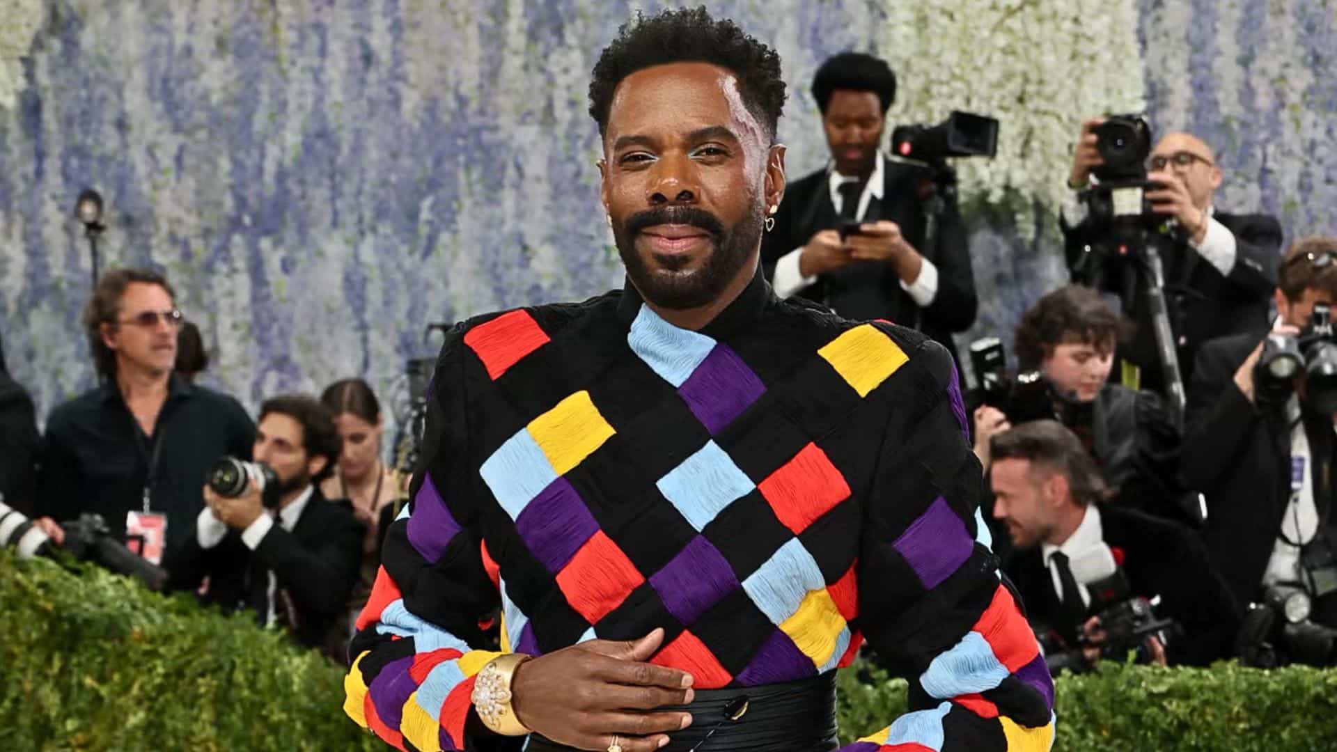 Colman Domingo wearing a bold multicolored Valentino ensemble with geometric patchwork design at the Met Gala 2026