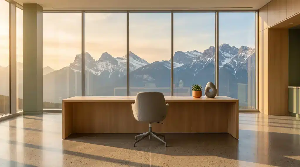 Modern office with wooden desk and chair facing large windows overlooking snow-capped mountains