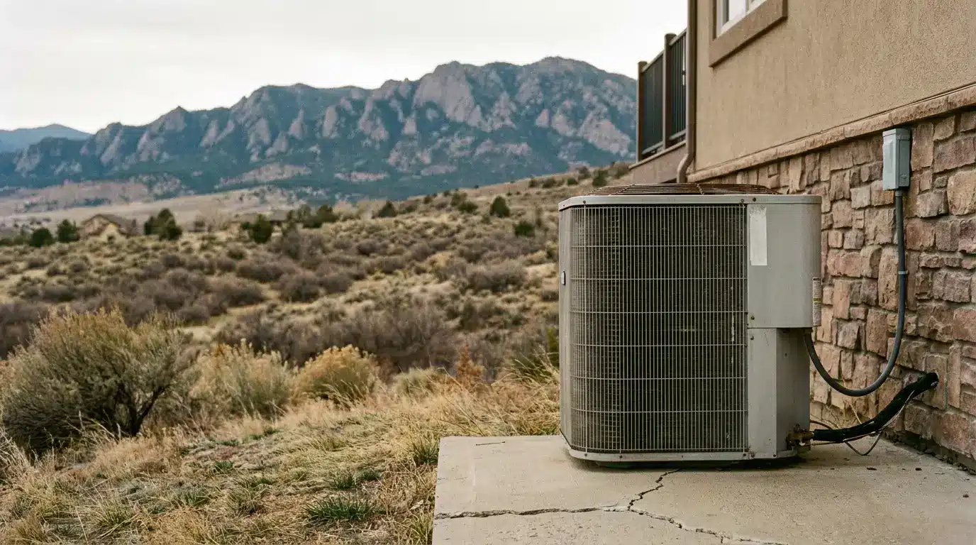 Outdoor air conditioning unit beside stone house wall with mountainous landscape in the background