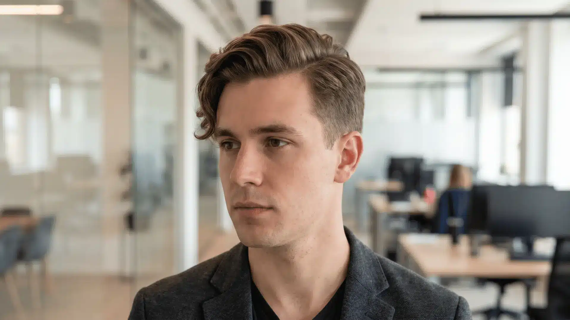 Handsome male model with comb over hairstyle in an office, hair swept to one side with short sides