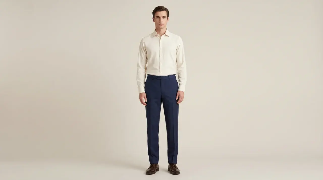 Full-body male model in cream shirt and navy blue tailored pants on neutral background