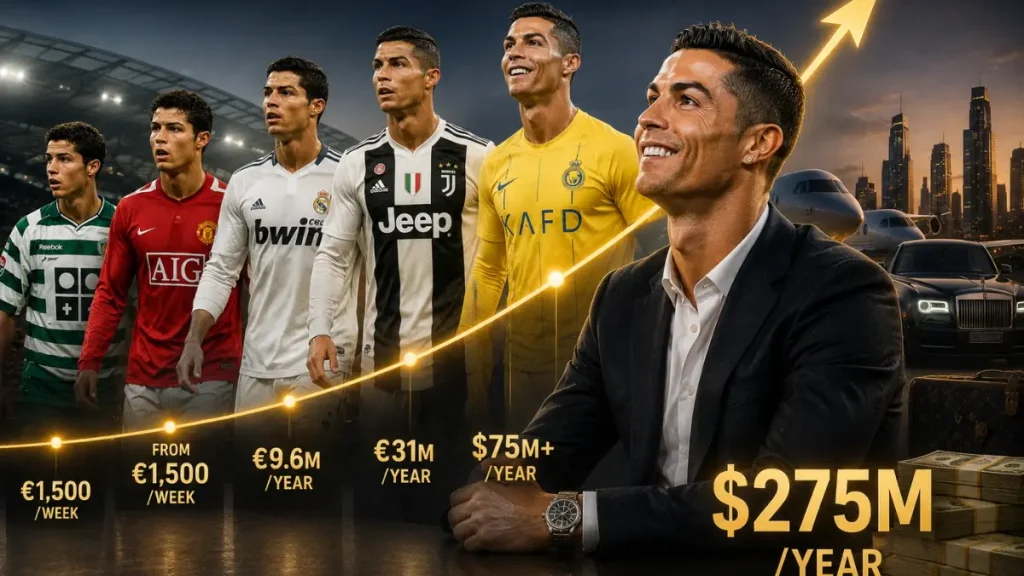 Footballer in various team jerseys with financial growth chart and luxury items in background