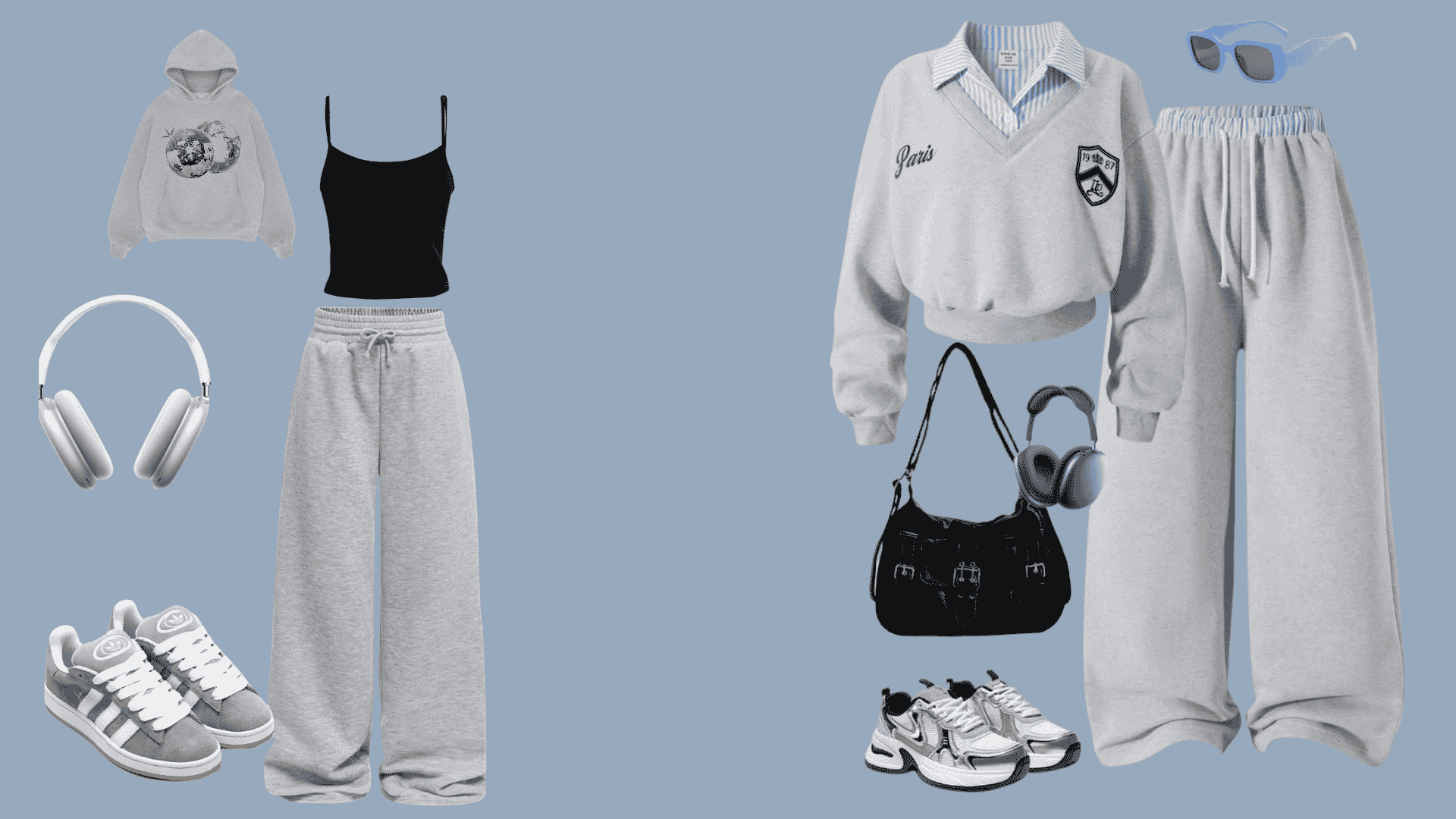 Cropped sweatshirt, track pants, and athletic sneakers for sporty stadium looks.