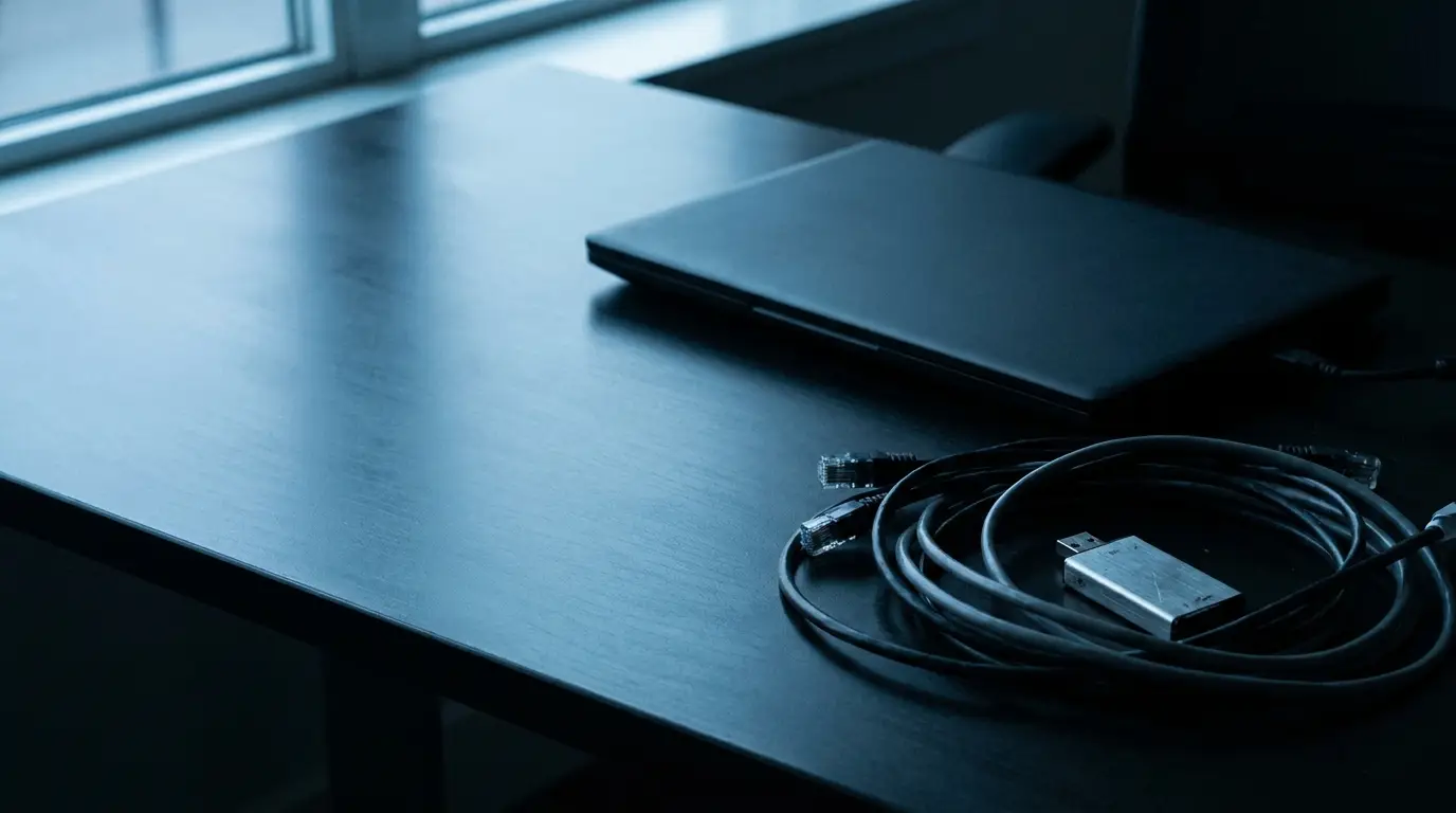 Closed laptop and coiled cables on dark wooden desk in dimly lit office