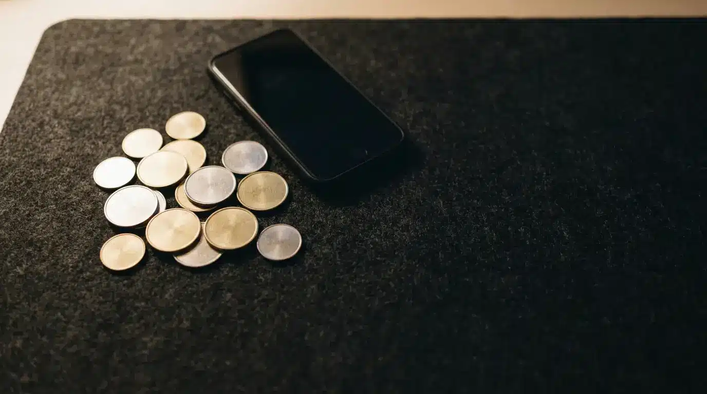 Coins scattered next to a smartphone on a dark felt surface