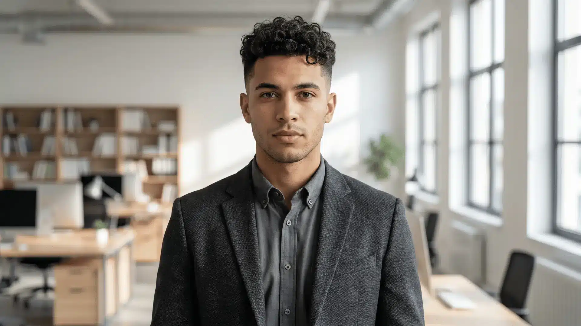Handsome male model in an office with curly crop hairstyle, curls shaped on top with short sides