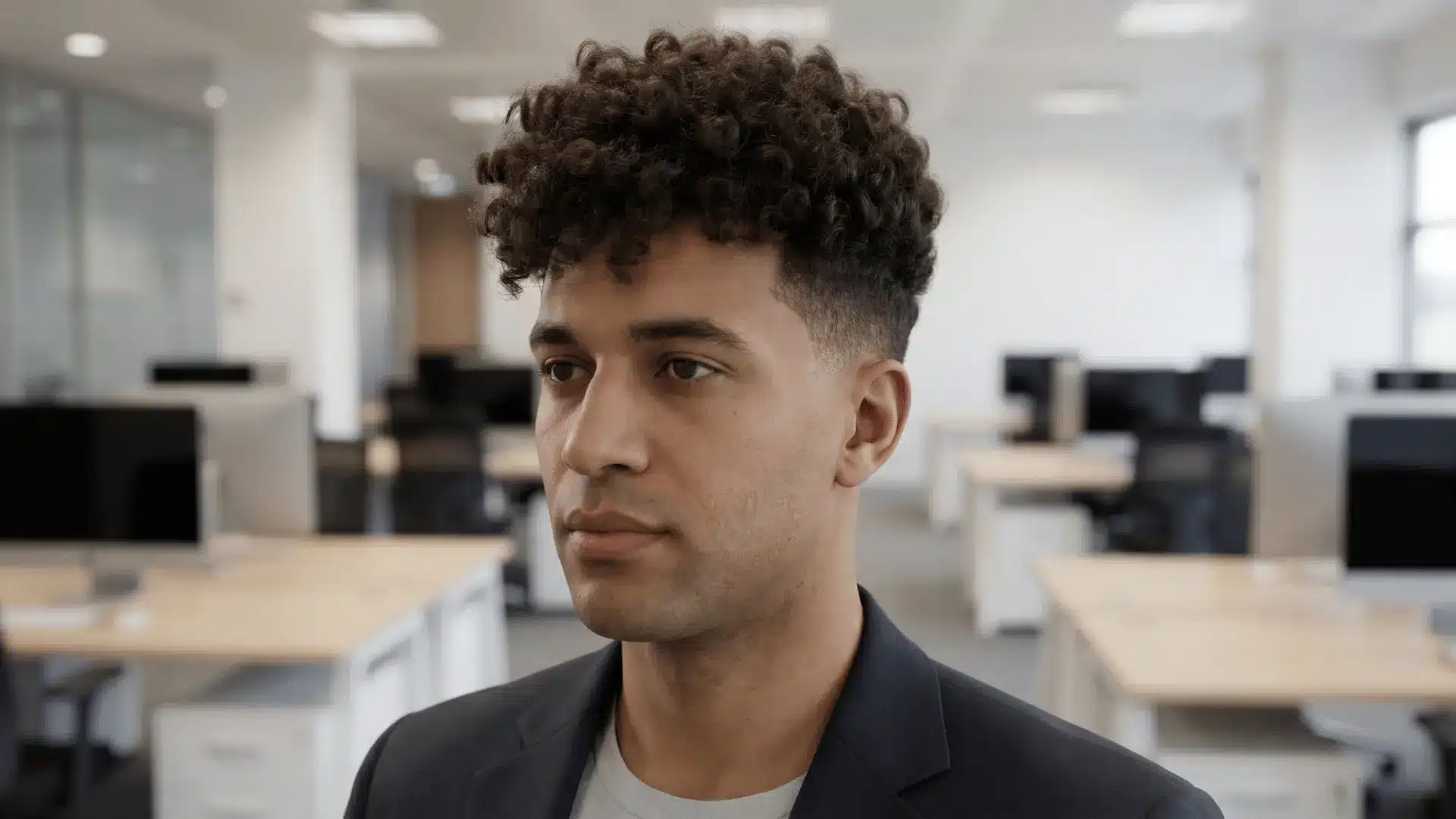 Handsome male model in an office with curly taper hairstyle, natural curls on top and short, controlled sides