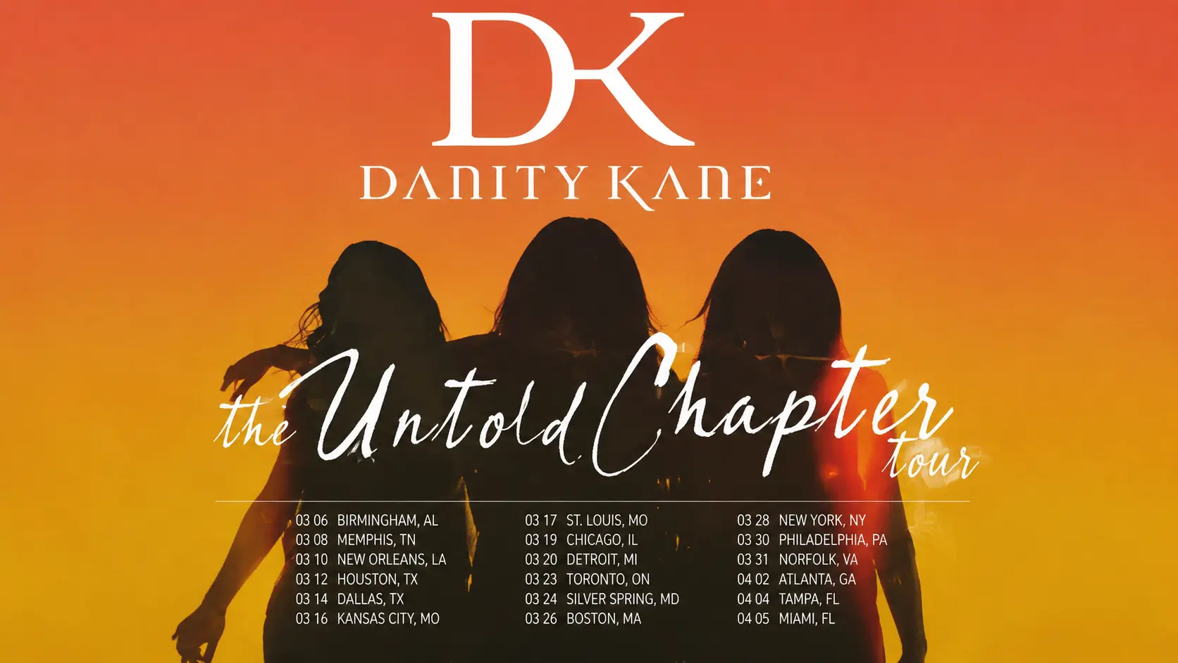 Danity Kane tour poster with silhouettes and orange gradient