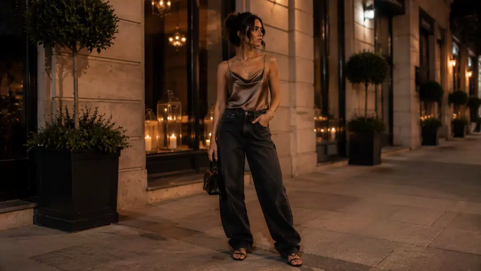 Date night outfit with baggy jeans and satin top