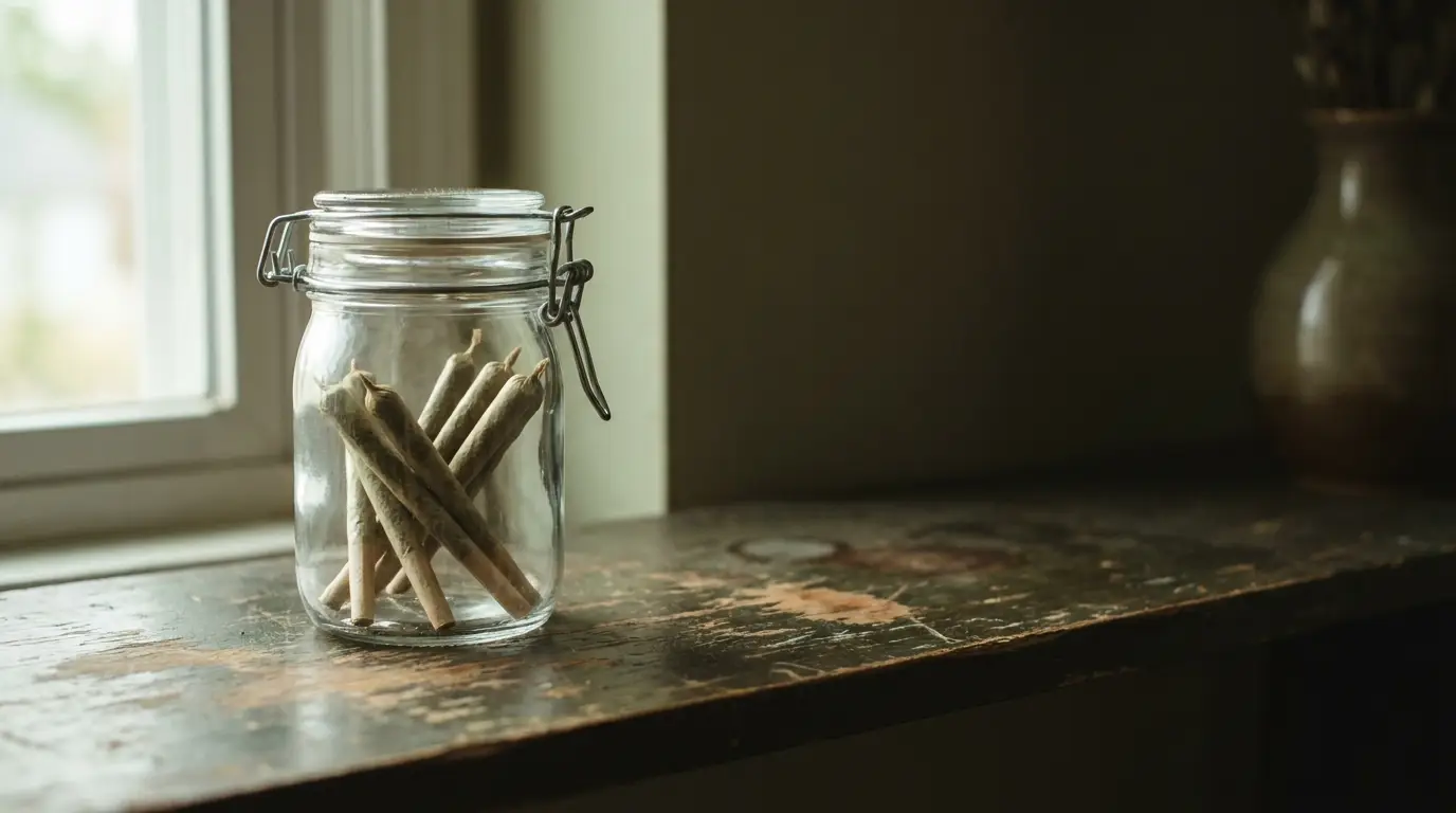 Glass jar filled with rolled papers on rustic wooden shelf by window