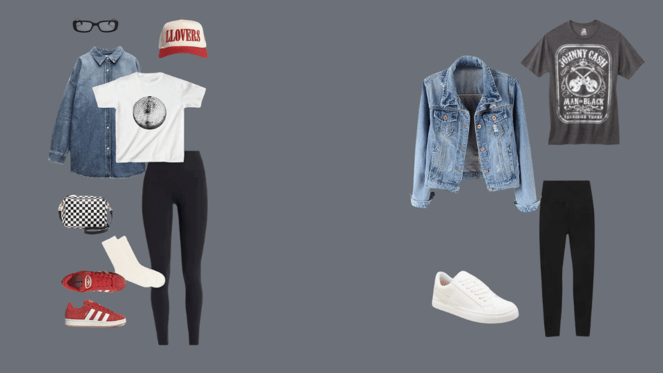 Denim jacket over graphic tee with leggings and trainers for layered night baseball game outfits.
