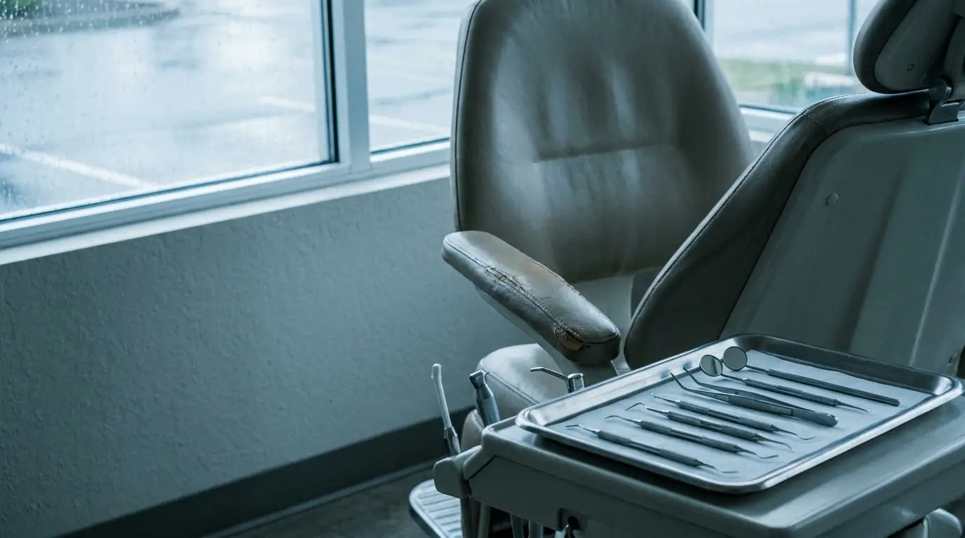 Dental chair with stainless steel tools on a tray in bright clinic setting