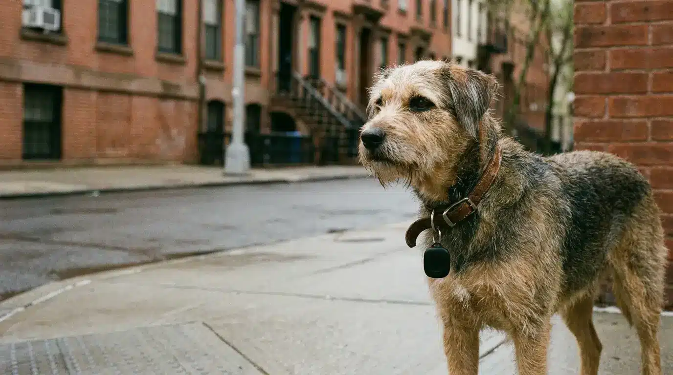 Brown dog with a collar standing on an urban street corner near brick buildings