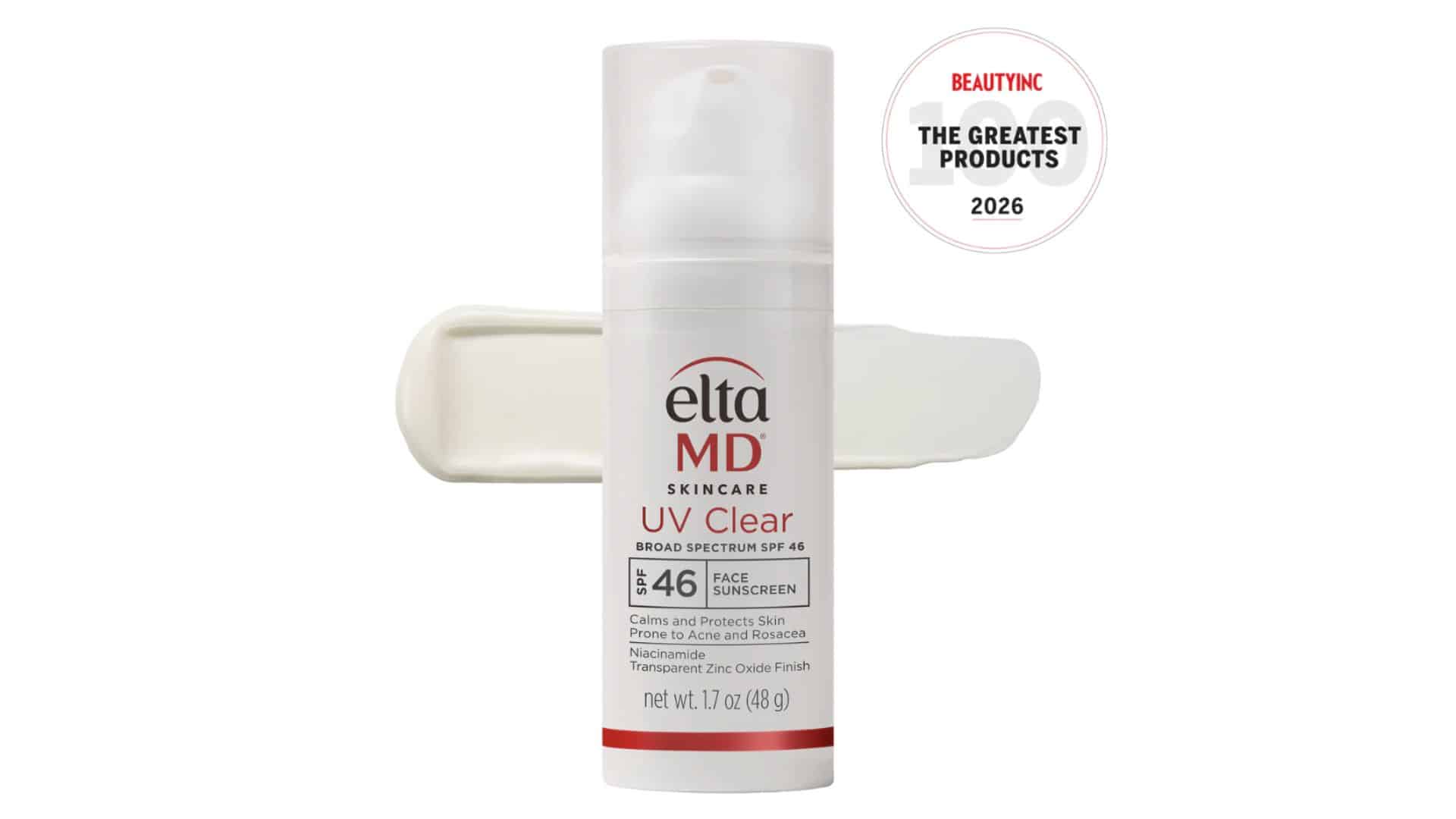 EltaMD UV Clear SPF 46 face sunscreen bottle with swatch of creamy texture