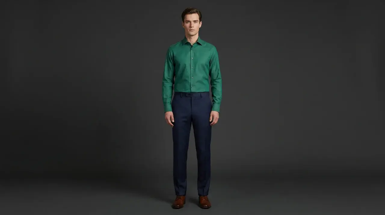 Full-body male model in emerald green shirt and navy blue tailored pants on neutral background