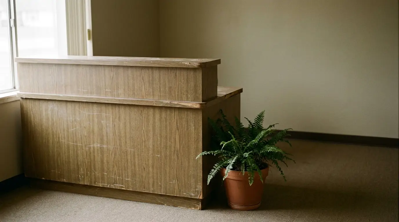 Wooden reception desk with potted fern in corner of empty office space