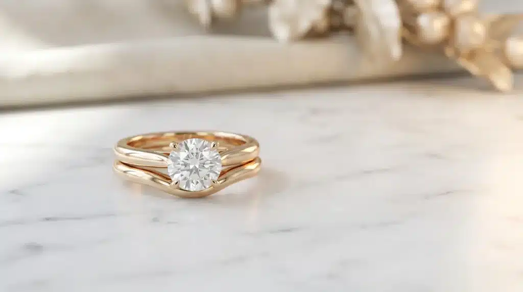 Gold ring with round diamond on marble surface in soft natural light