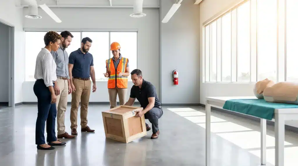 Construction workers in safety vests practicing lifting technique in bright, industrial workspace with first aid kit