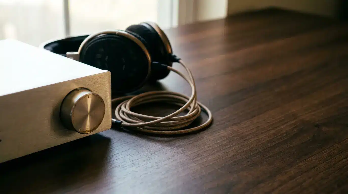 Headphones and vintage amplifier on wooden table in soft natural light