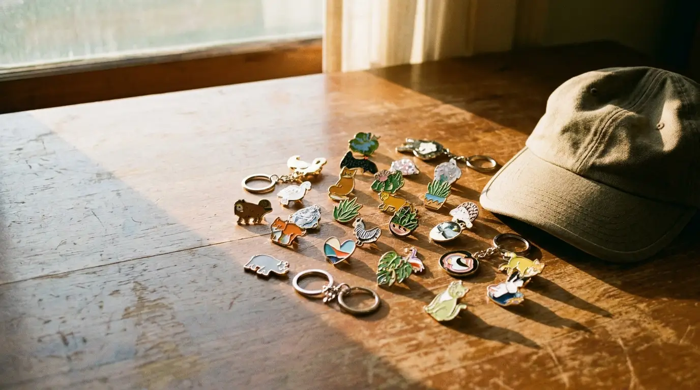 Wooden table with assorted colorful pins and a beige cap under natural light