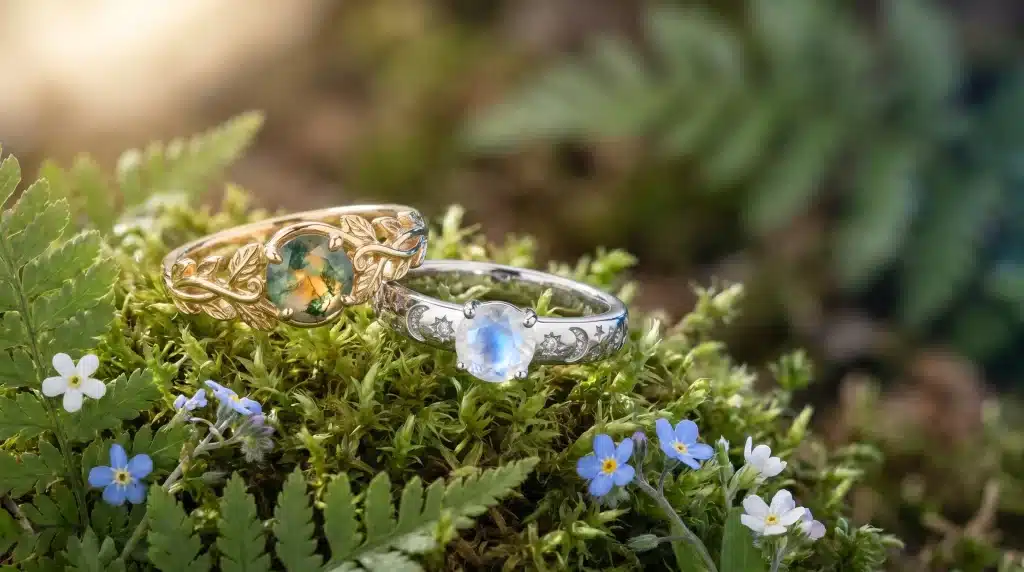Two ornate rings with gemstones on mossy forest floor surrounded by small flowers