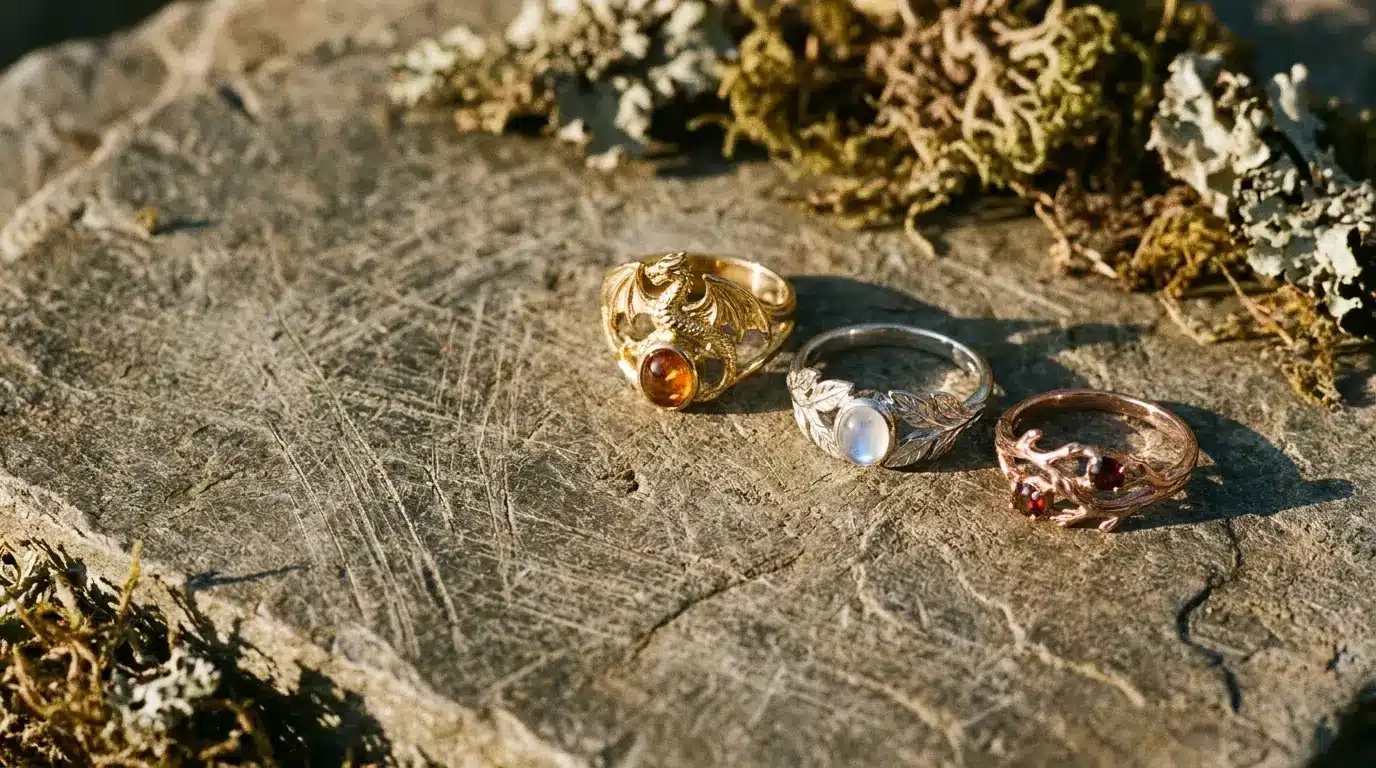 Gold, silver, and bronze rings with gemstones on rustic stone surface with moss