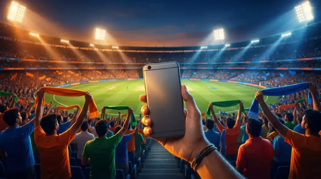 Hand holding smartphone against backdrop of cheering crowd in brightly lit sports stadium