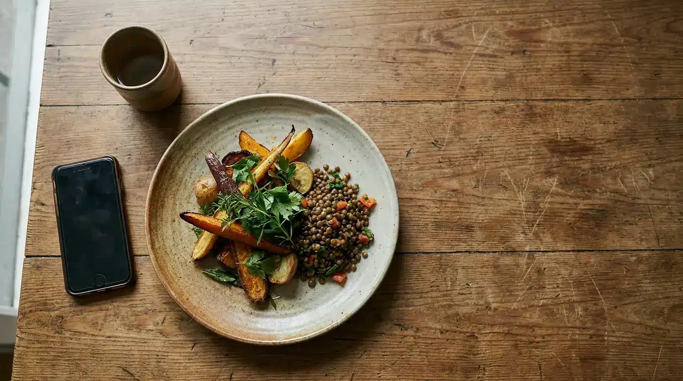 Roasted vegetables and lentils on ceramic plate with phone and cup on rustic wooden table