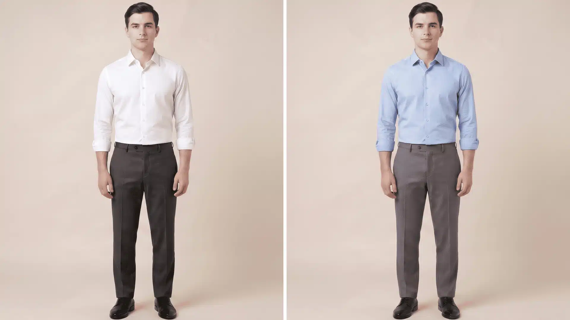 Collage showing a man wearing a white shirt with charcoal grey pants and a light blue shirt with grey pants side by side in a neutral studio.