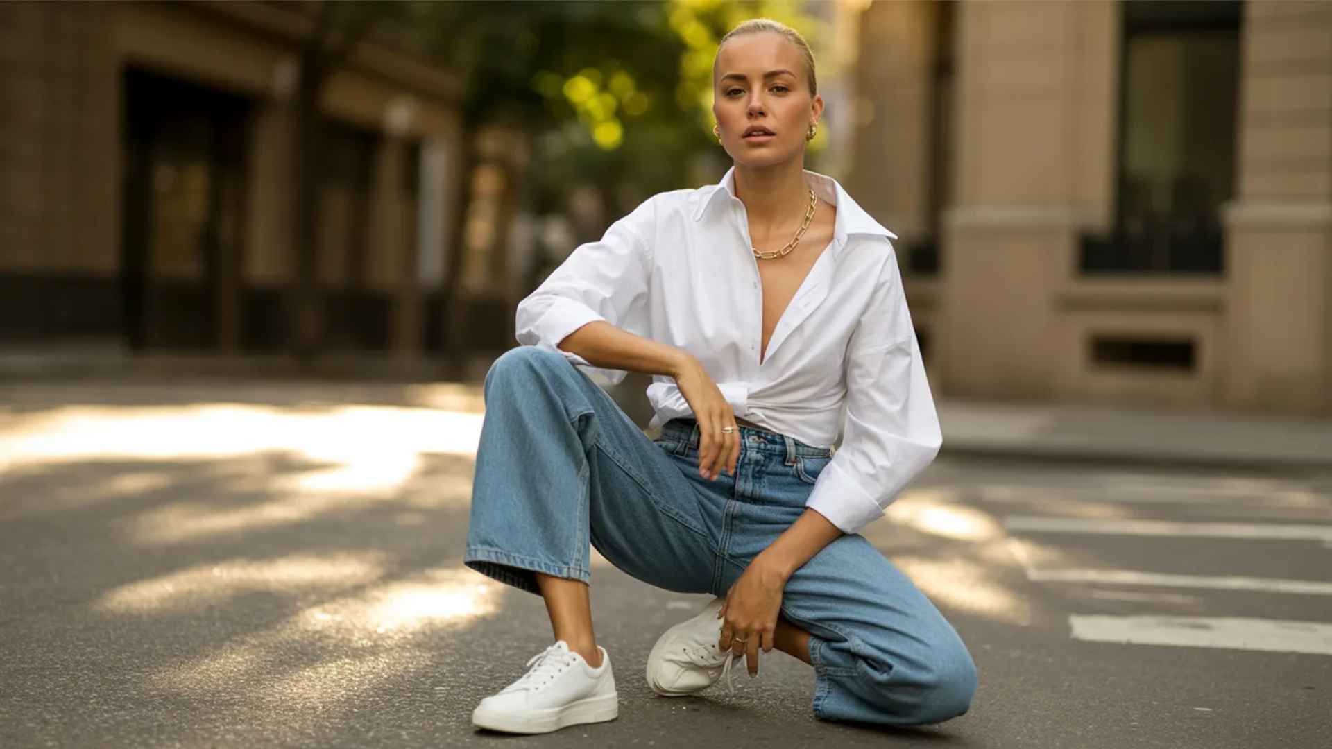 Front-Tucked Shirt With Straight-Leg Jeans