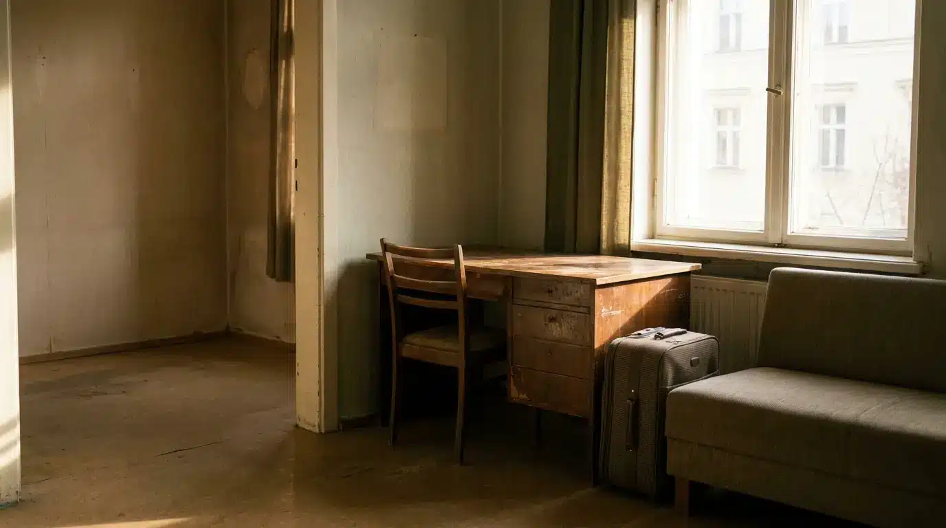 Wooden desk and chair by window in dimly lit room with suitcase on the floor