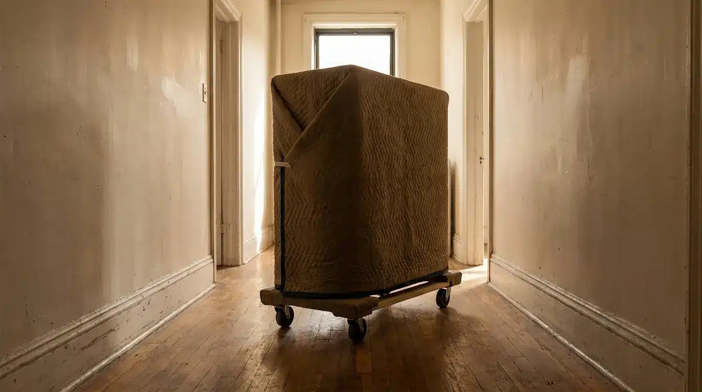 Large wrapped object on dolly in narrow, dimly lit hallway with wooden floorboards