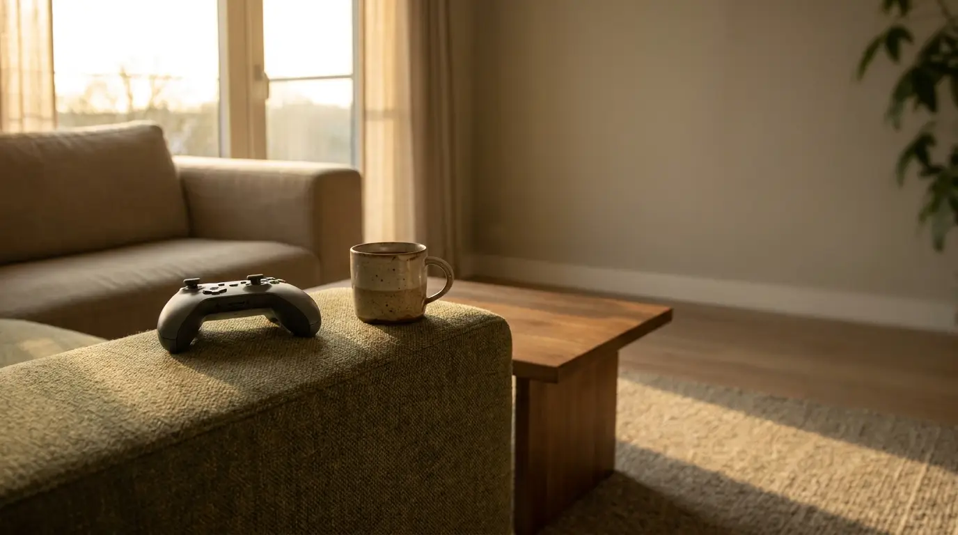 Game controller and ceramic mug on arm of sofa in sunlit living room