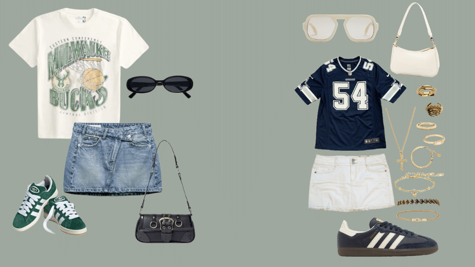 Graphic tee with denim skirt and sneakers for playful summer baseball game outfits.