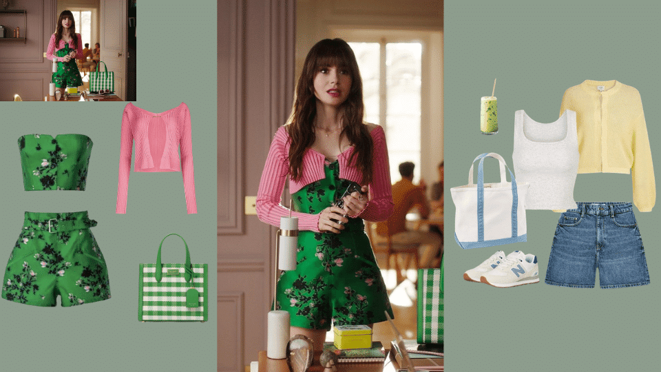 Green Jacquard Floral Shorts + Bustier + Pink Cardigan