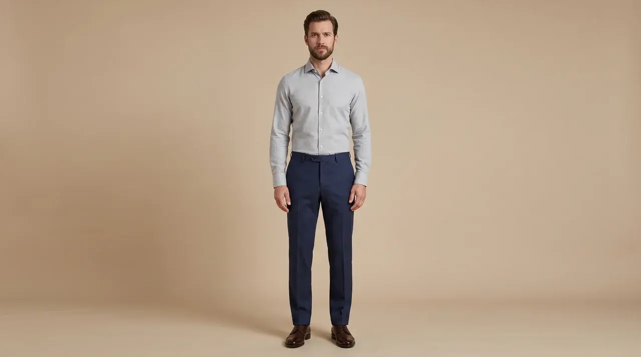 Full-length male model in light grey shirt and navy blue tailored pants against solid neutral background