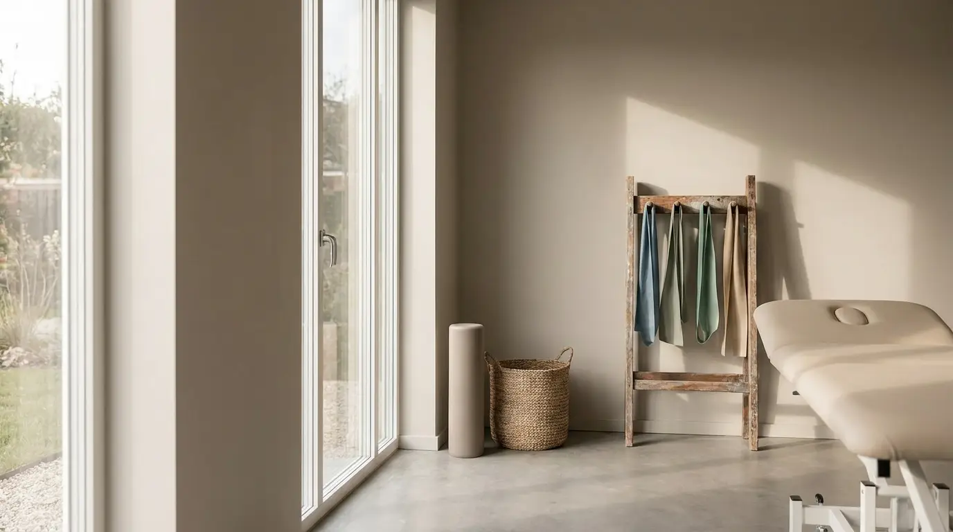 Massage table in bright studio with exercise bands on wooden ladder and woven basket