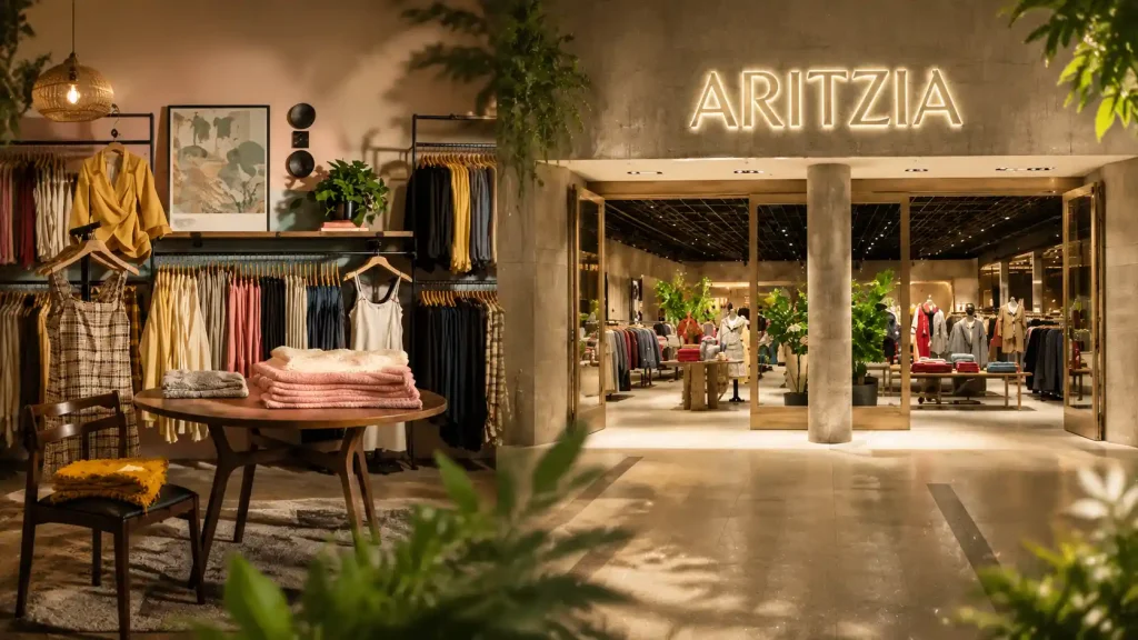 High-end Aritzia storefront with neutral clothing on racks inside boutique.