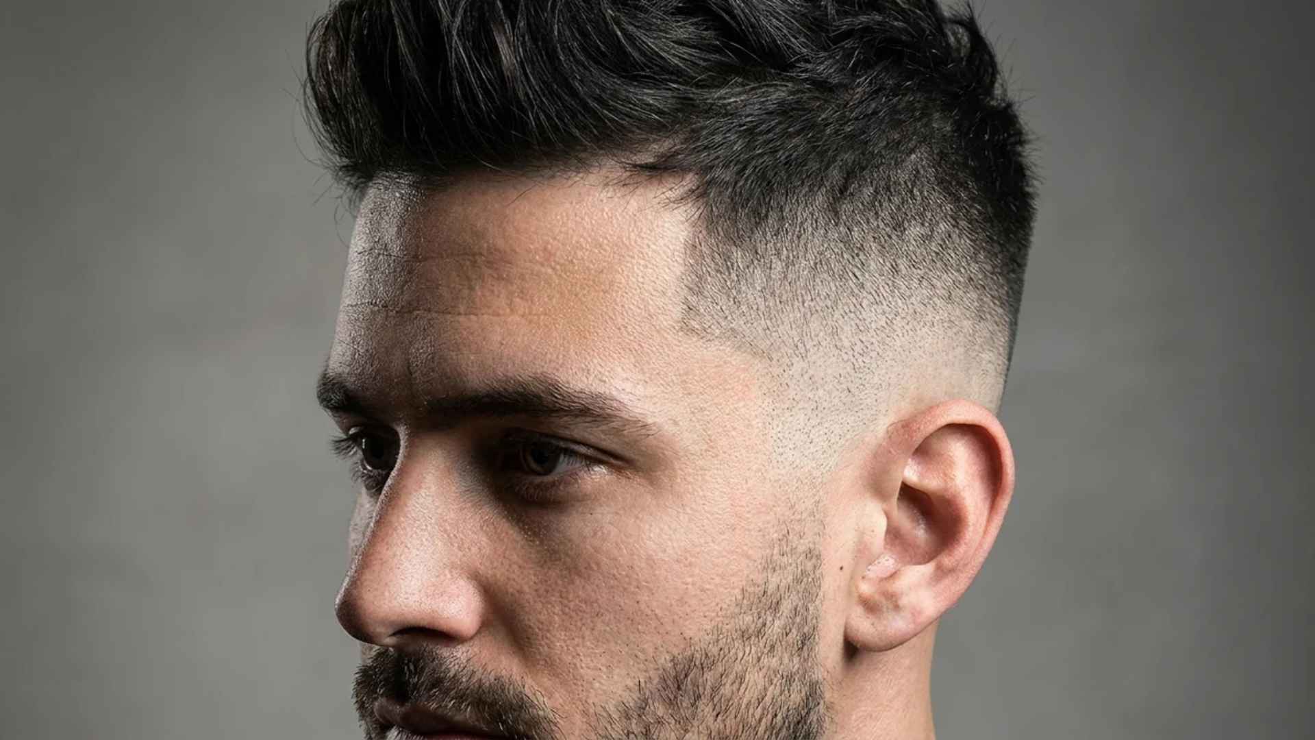 Dramatic high skin fade starting near crown, sharp contrast between bare sides and longer top.