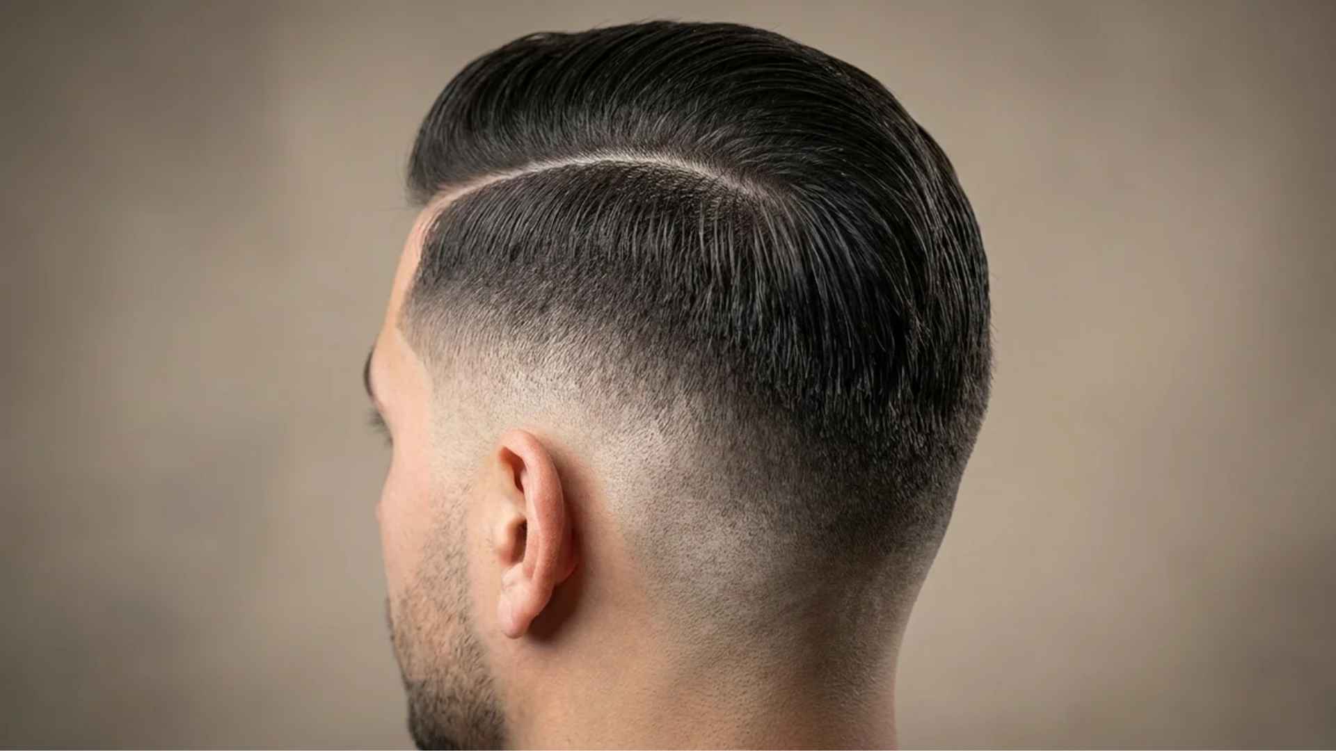 Precisely combed-over top with a sharp high skin fade, clean parting line visible.