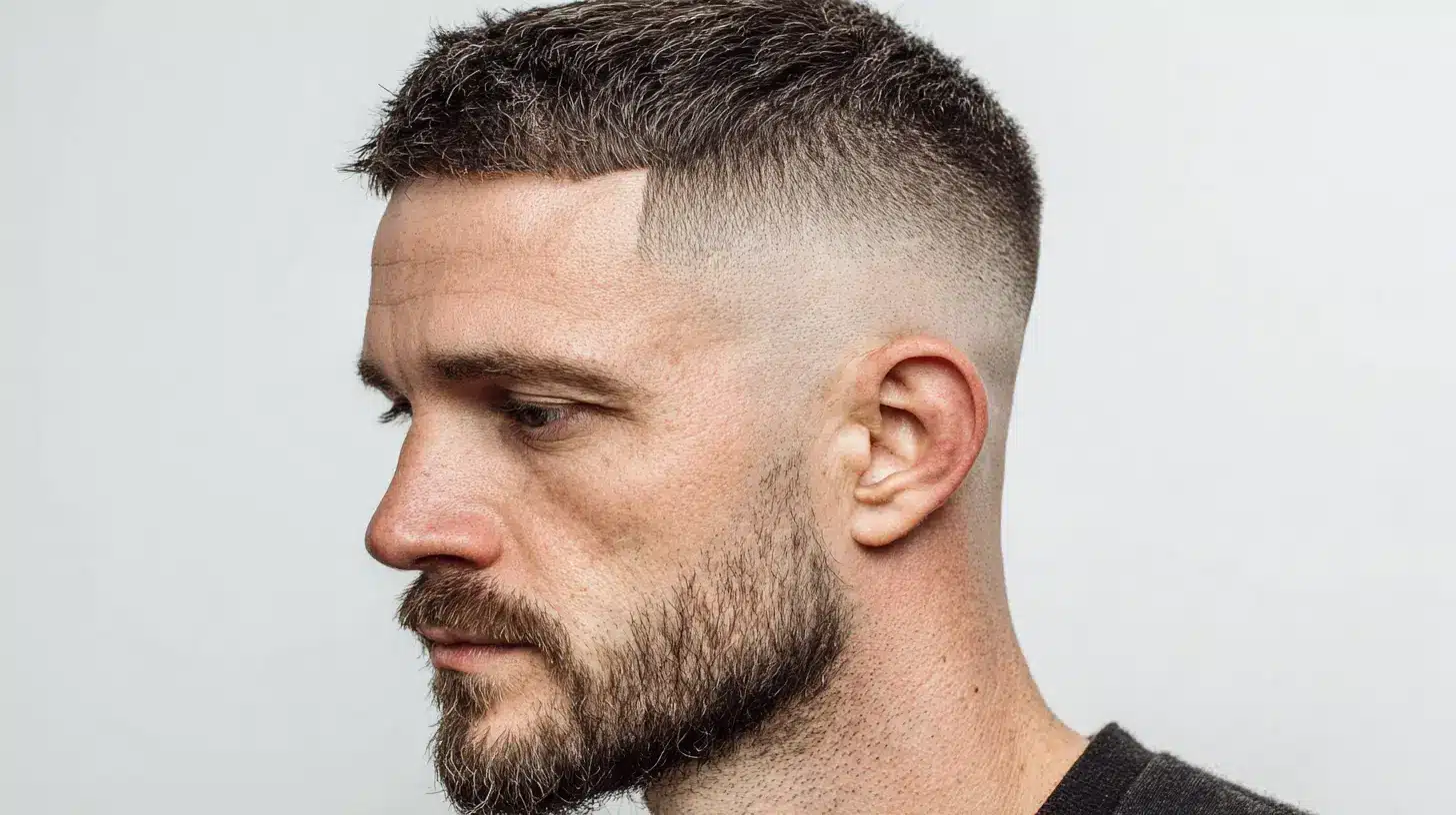 Man with high skin fade and short crew cut hairstyle.